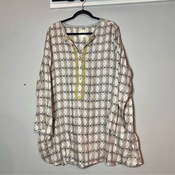 Sigrid Olsen Tunic Blouse Mini Dress Linen Size 1X Gray Tan Yellow Pattern - Picture 3 of 13